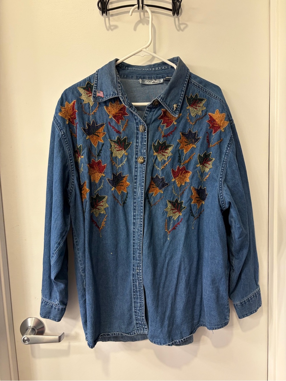 Passport Blue Denim Jacket with Multicolor Embroidered Leaves